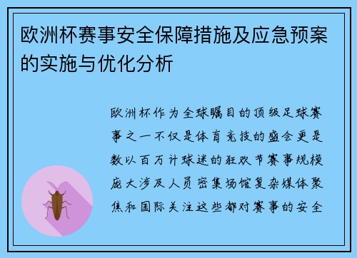 欧洲杯赛事安全保障措施及应急预案的实施与优化分析